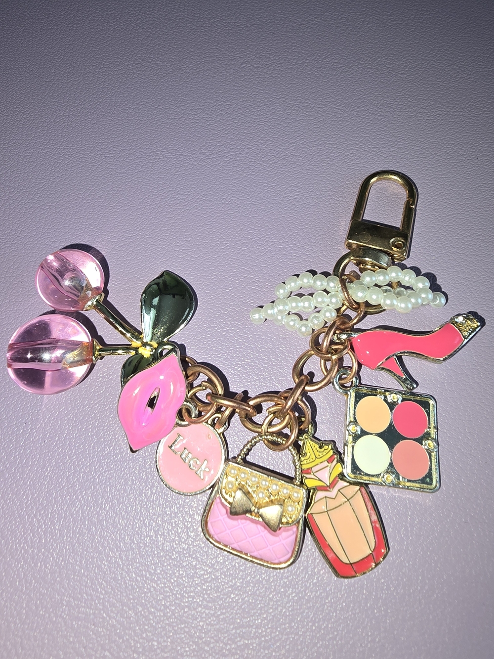 Pink 💕 Cherry Charm Keychain with Lips, Purse, Shoe, Perfume, Eyeshadow, NEW - Picture 2 of 6